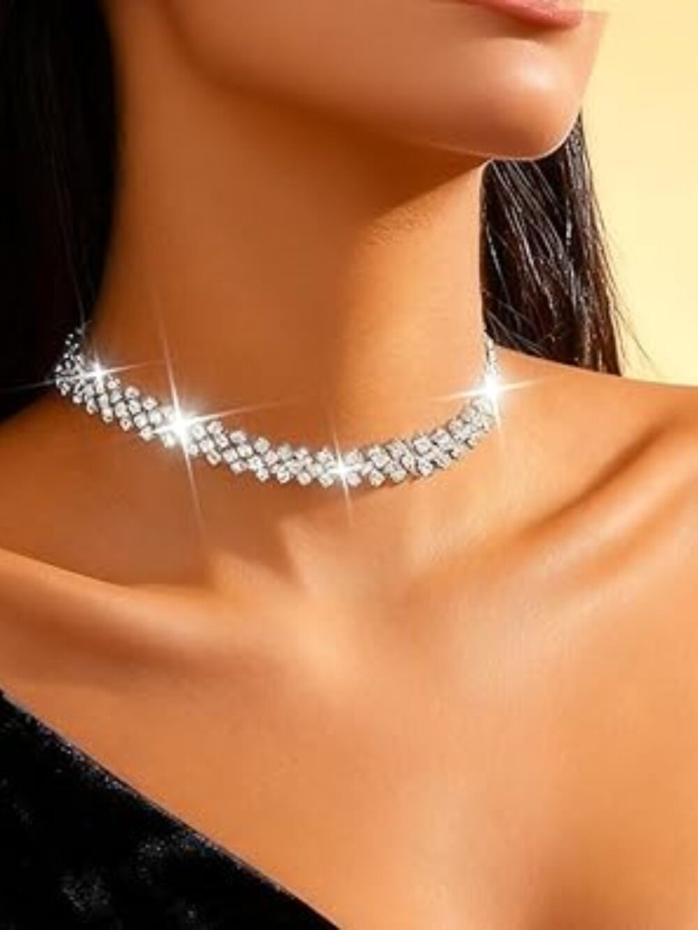 Crystal Rhinestone Choker Necklace Silver Tone‎ Statement Piece Chunky Cuban